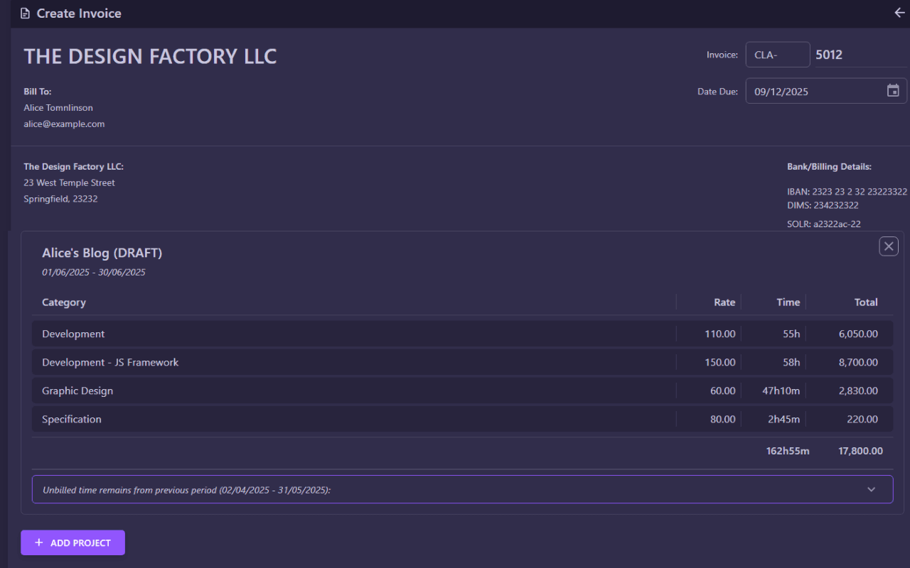 Create invoice — time entries by category with rates and totals