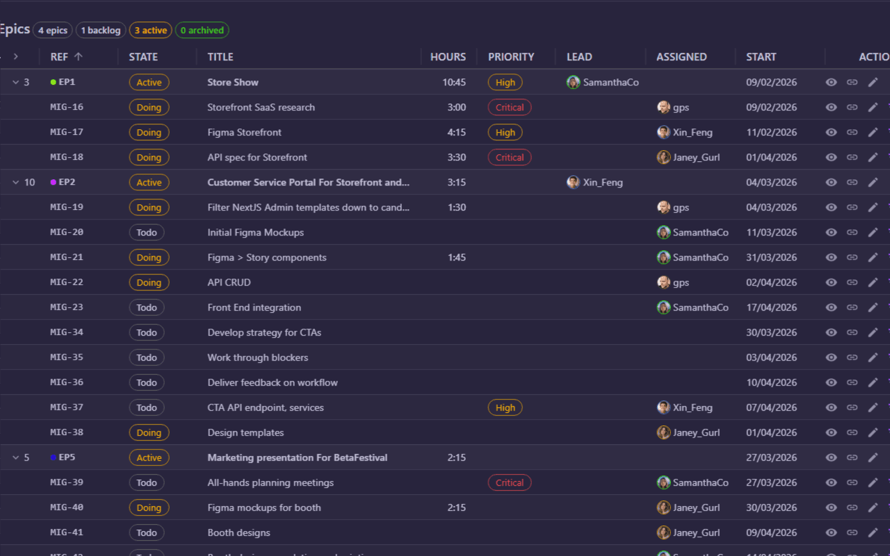 Log time against a task — search and pick from epics and categories