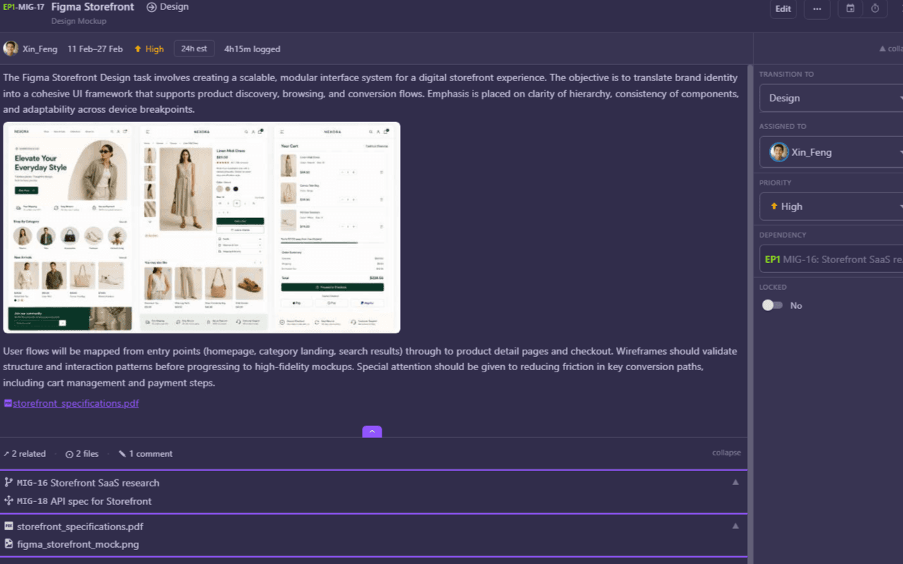 Task detail — scope, estimates, dependencies, and discussion in one place