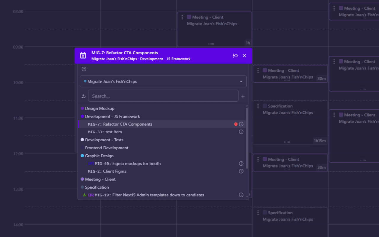 Time entry — pick project and task from search and hierarchy