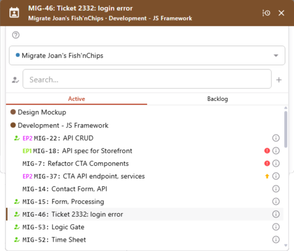 Time entry selector — project picker, search, and task list